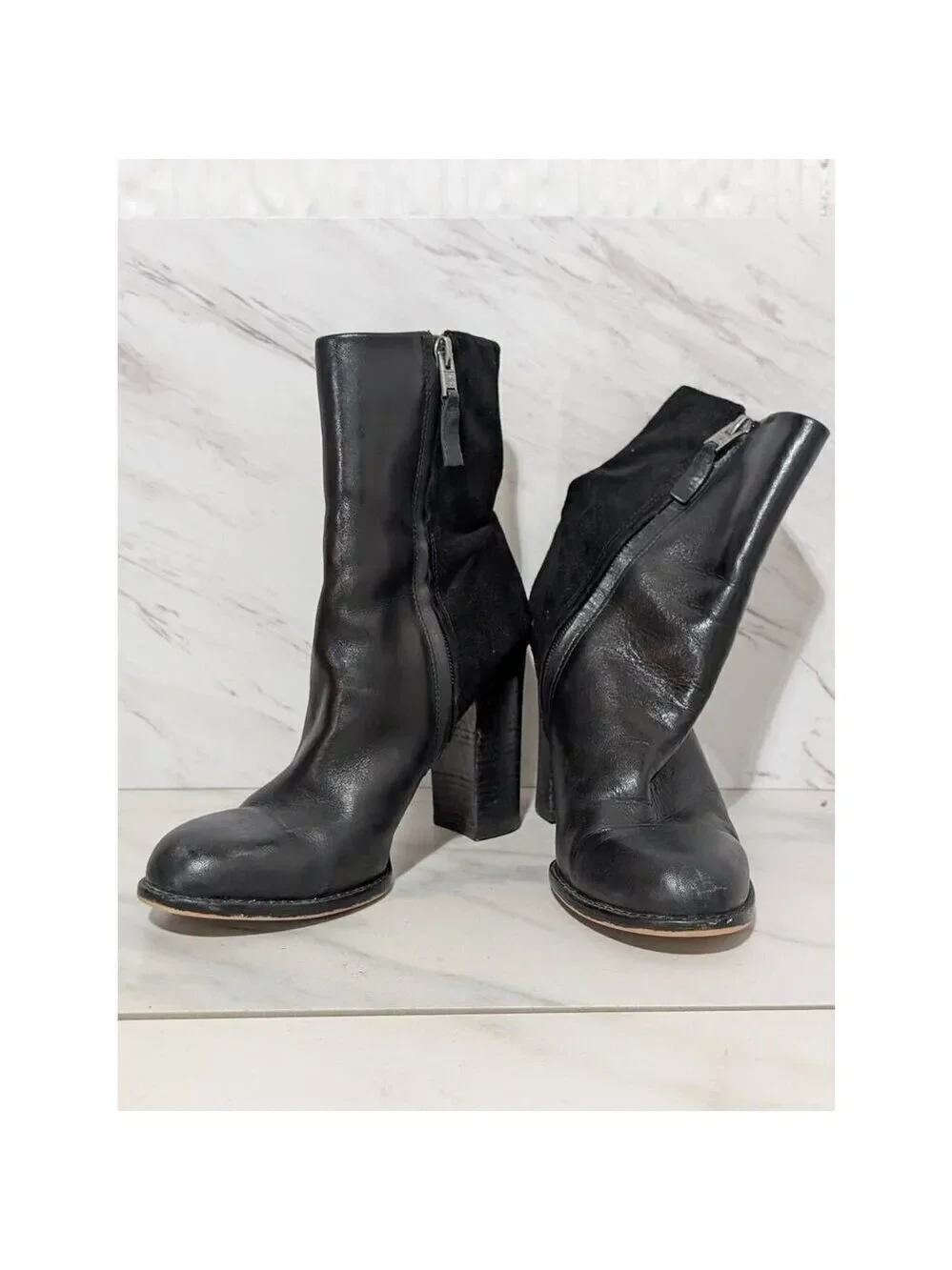 Sam Edelman Women's Black Leather Suede Chunky Heel Boot Sz 7.5